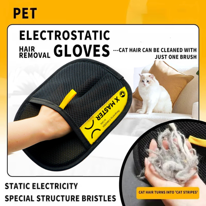 Pet electrostatic hair removal gloves with Xuster branding, showing cat hair being collected.