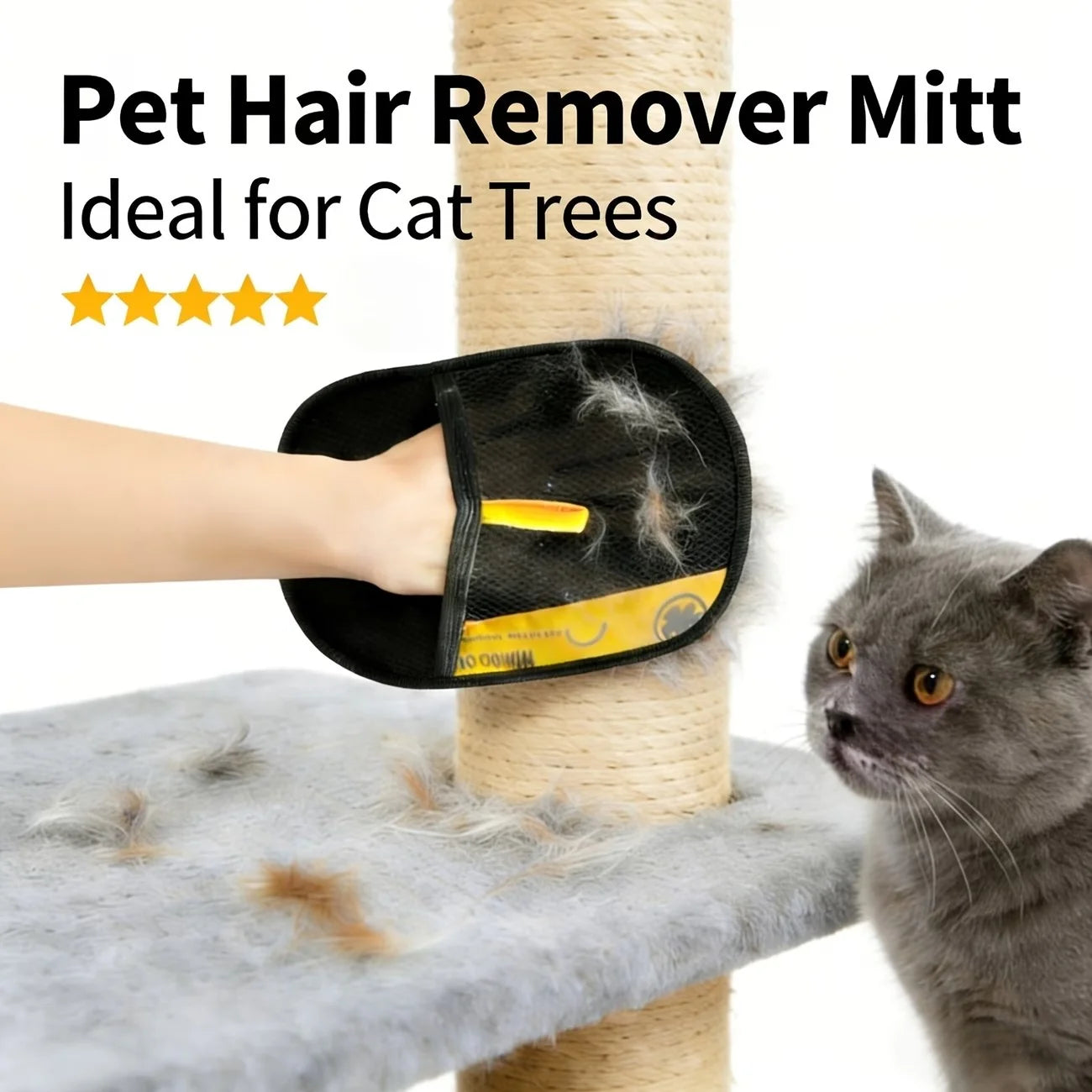 Pet Hair Remover Mitt being used on a cat tree with a gray cat looking on.