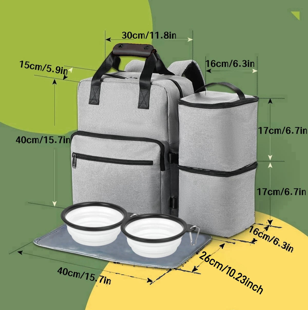 Gray pet travel bag with dimensions, placemat, dog travel bag, collapsible food/water bowls, and insulated food containers on a green and yellow background.